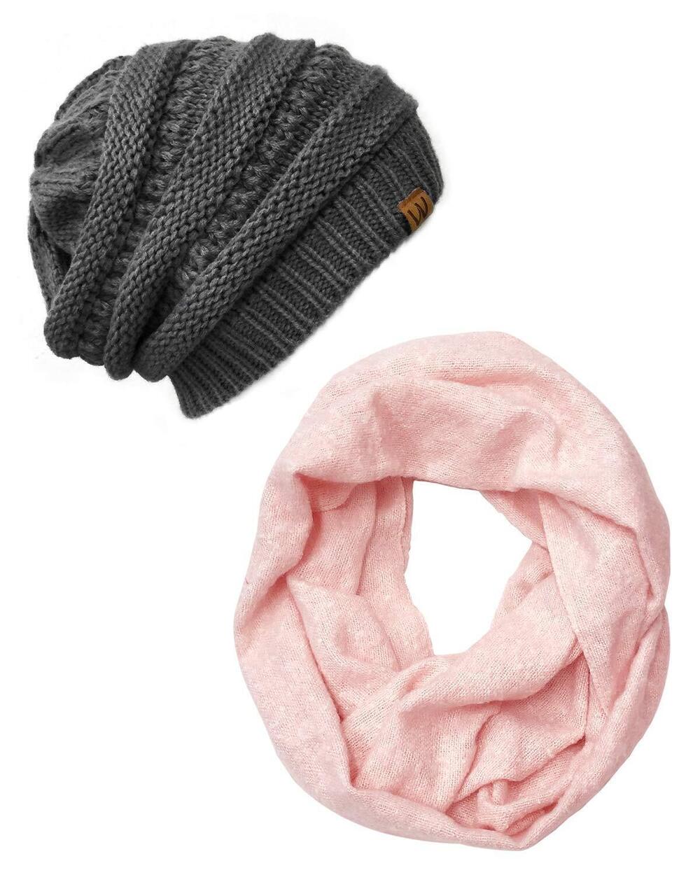 4329 Tricolor Winter Knit Infinity Scarf with Beanie, Pink + Dark Gray